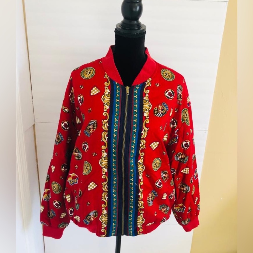 Chaus Woman’s Bomber Jacket Vintage Sz M Red With Royal Graphics